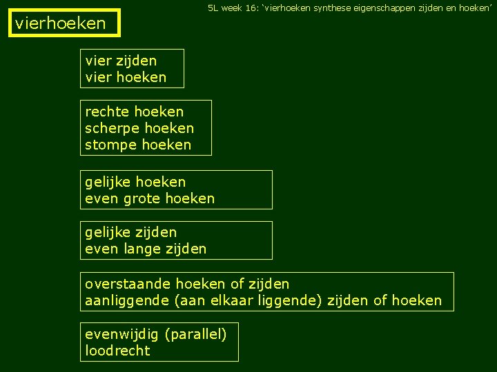 5 L week 16: ‘vierhoeken synthese eigenschappen zijden en hoeken’ vierhoeken vier zijden vier