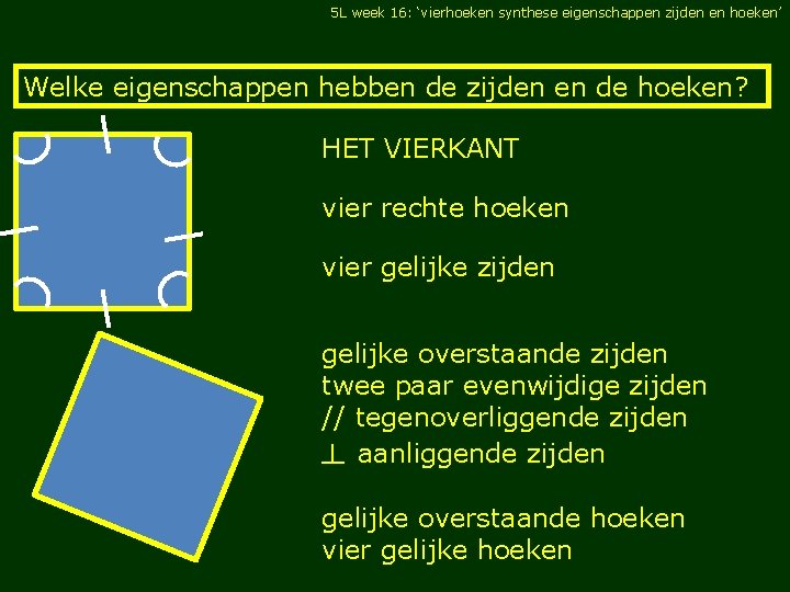 5 L week 16: ‘vierhoeken synthese eigenschappen zijden en hoeken’ Welke eigenschappen hebben de