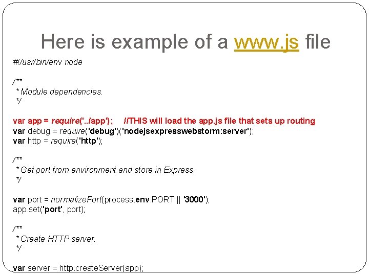 Here is example of a www. js file #!/usr/bin/env node /** * Module dependencies.