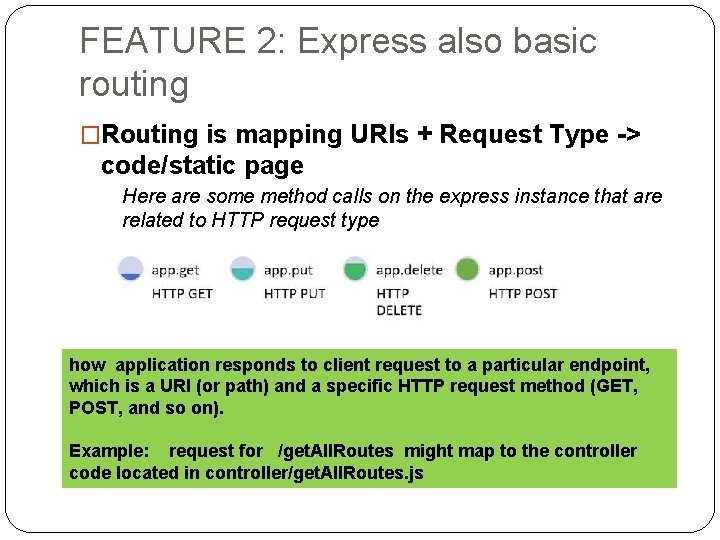 FEATURE 2: Express also basic routing �Routing is mapping URIs + Request Type ->
