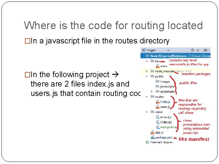 Where is the code for routing located �In a javascript file in the routes