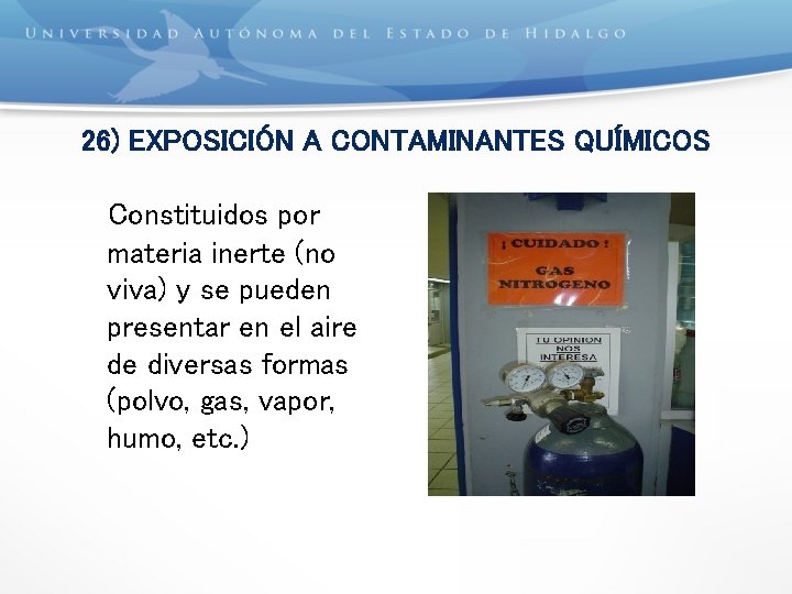 26) EXPOSICIÓN A CONTAMINANTES QUÍMICOS Constituidos por materia inerte (no viva) y se pueden