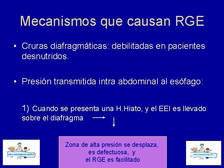 Mecanismos que causan RGE • Cruras diafragmáticas: debilitadas en pacientes desnutridos. • Presión transmitida