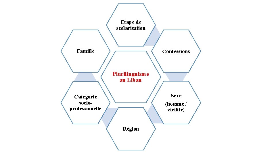 Etape de scolarisation Famille Confessions Plurilinguisme au Liban Sexe (homme / virilité) Catégorie socioprofessionelle