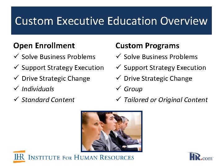 Custom Executive Education Overview Open Enrollment ü ü ü Solve Business Problems Support Strategy Custom Executive Education Overview Open Enrollment ü ü ü Solve Business Problems Support Strategy