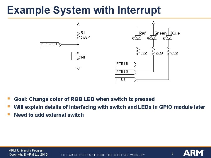 Example System with Interrupt § § § Goal: Change color of RGB LED when