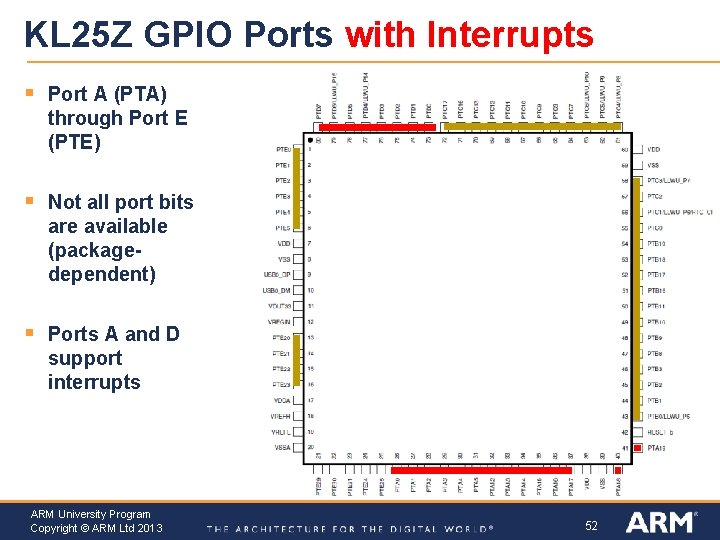 KL 25 Z GPIO Ports with Interrupts § Port A (PTA) through Port E