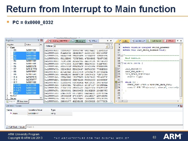 Return from Interrupt to Main function § PC = 0 x 0000_0332 ARM University