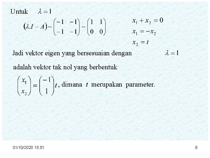 Untuk Jadi vektor eigen yang bersesuaian dengan adalah vektor tak nol yang berbentuk ,