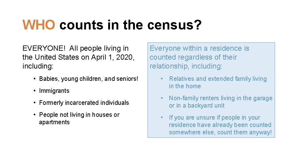 WHO counts in the census? EVERYONE! All people living in the United States on