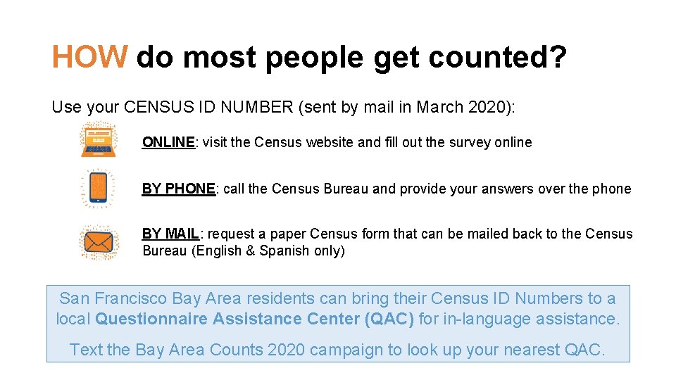HOW do most people get counted? Use your CENSUS ID NUMBER (sent by mail