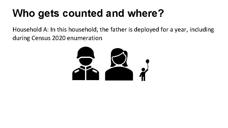 Who gets counted and where? Household A: In this household, the father is deployed