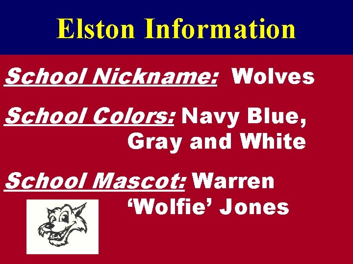 Elston Information School Nickname: Wolves School Colors: Navy Blue, Gray and White School Mascot: