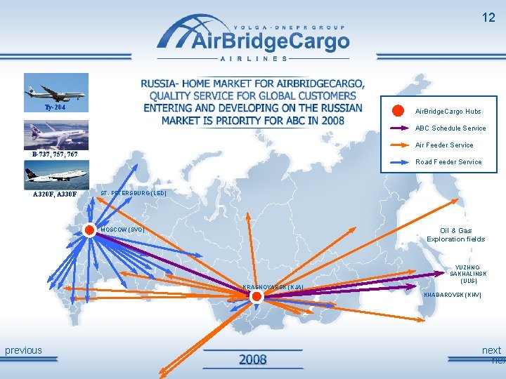 12 Ту-204 Air. Bridge. Cargo Hubs ABC Schedule Service Air Feeder Service B-737, 757,