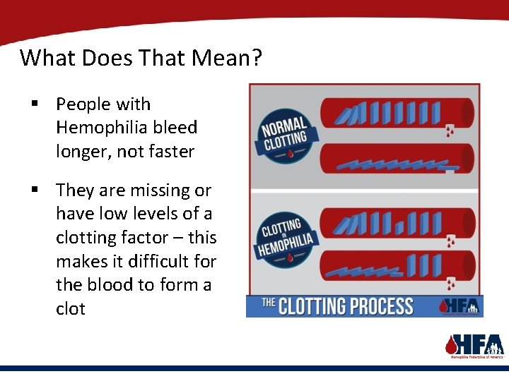 What Does That Mean? § People with Hemophilia bleed longer, not faster § They