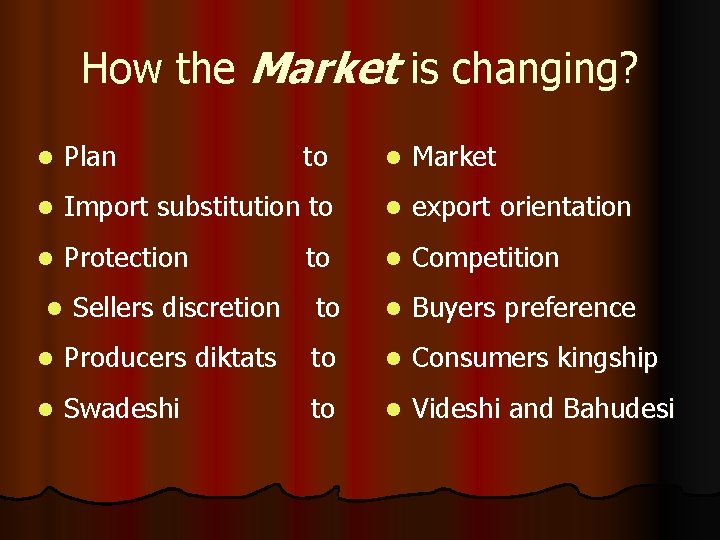 How the Market is changing? l Plan to l Market l Import substitution to