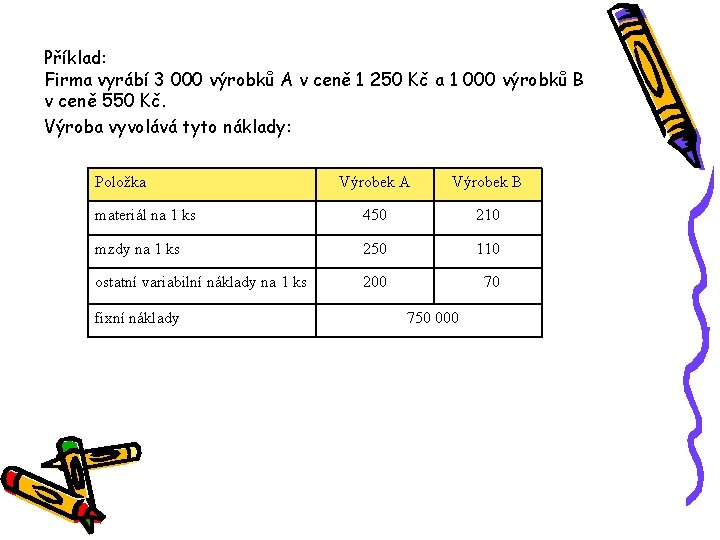 Příklad: Firma vyrábí 3 000 výrobků A v ceně 1 250 Kč a 1