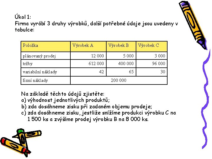 Úkol 1: Firma vyrábí 3 druhy výrobků, další potřebné údaje jsou uvedeny v tabulce: