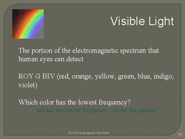 Visible Light The portion of the electromagnetic spectrum that human eyes can detect ROY