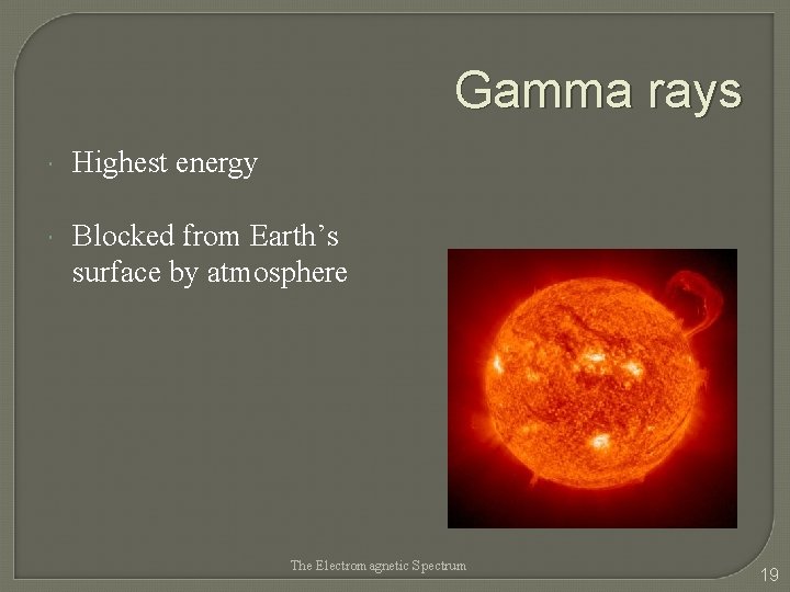 Gamma rays Highest energy Blocked from Earth’s surface by atmosphere The Electromagnetic Spectrum 19