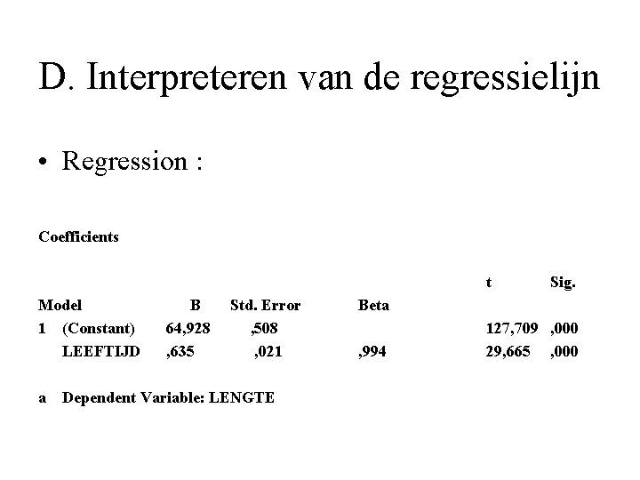 D. Interpreteren van de regressielijn • Regression : Coefficients t Model 1 (Constant) LEEFTIJD