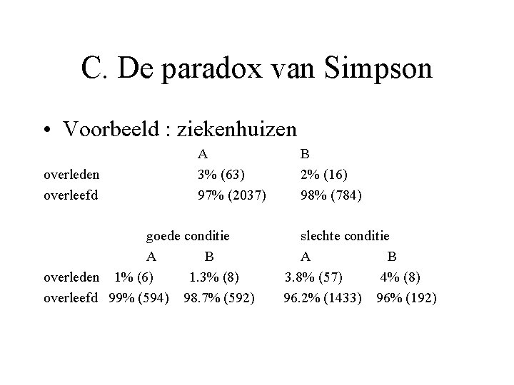 C. De paradox van Simpson • Voorbeeld : ziekenhuizen overleden overleefd A 3% (63)