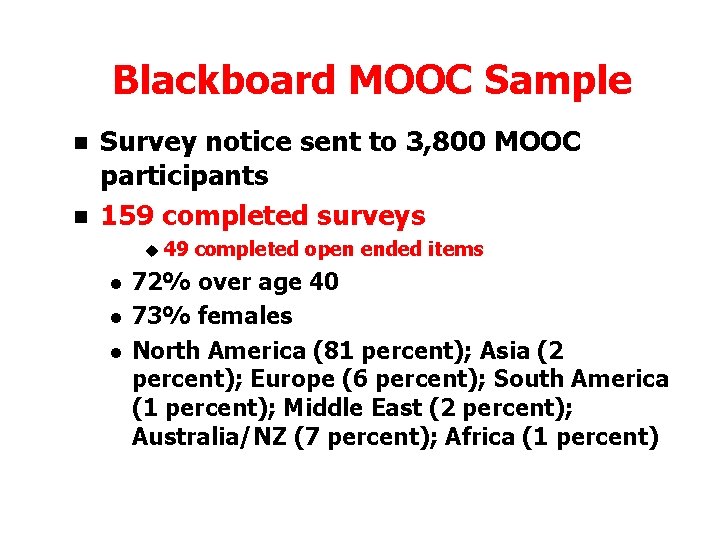 Blackboard MOOC Sample n n Survey notice sent to 3, 800 MOOC participants 159 Blackboard MOOC Sample n n Survey notice sent to 3, 800 MOOC participants 159