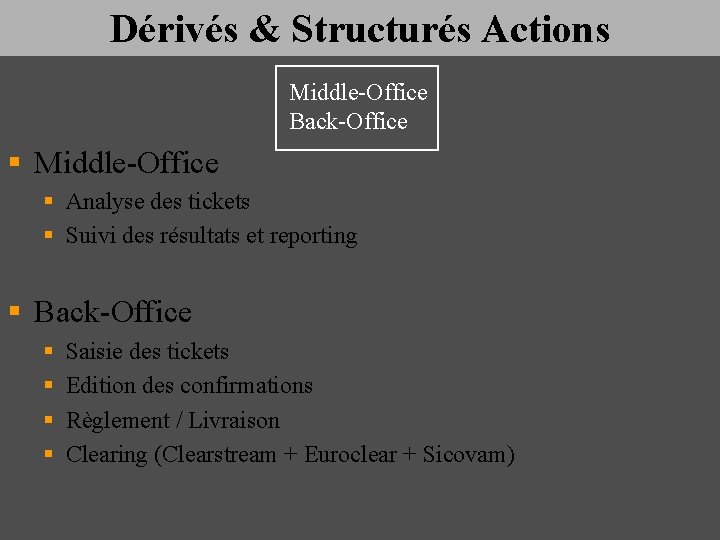 Dérivés & Structurés Actions Middle-Office Back-Office § Middle-Office § Analyse des tickets § Suivi