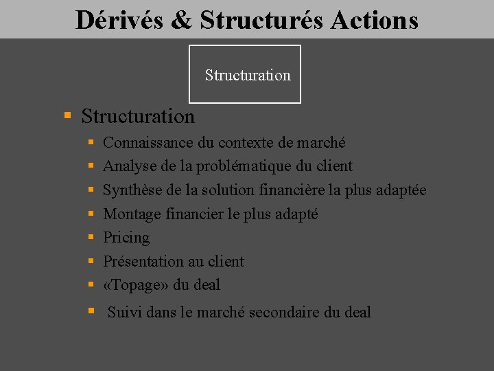 Dérivés & Structurés Actions Structuration § Structuration § § § § Connaissance du contexte