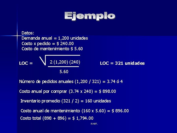 Datos: Demanda anual = 1, 200 unidades Costo x pedido = $ 240. 00