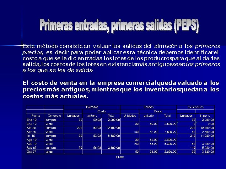 Este método consiste en valuar las salidas del almacén a los primeros precios, es