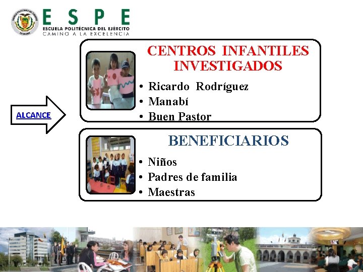 CENTROS INFANTILES INVESTIGADOS ALCANCE • Ricardo Rodríguez • Manabí • Buen Pastor BENEFICIARIOS •