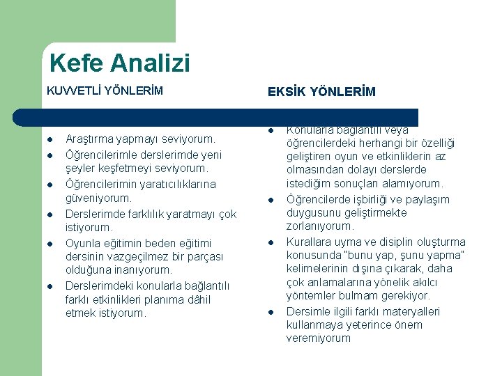 Kefe Analizi KUVVETLİ YÖNLERİM l l l Araştırma yapmayı seviyorum. Öğrencilerimle derslerimde yeni şeyler