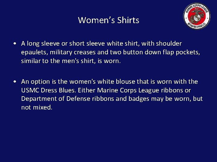 Women’s Shirts • A long sleeve or short sleeve white shirt, with shoulder epaulets,