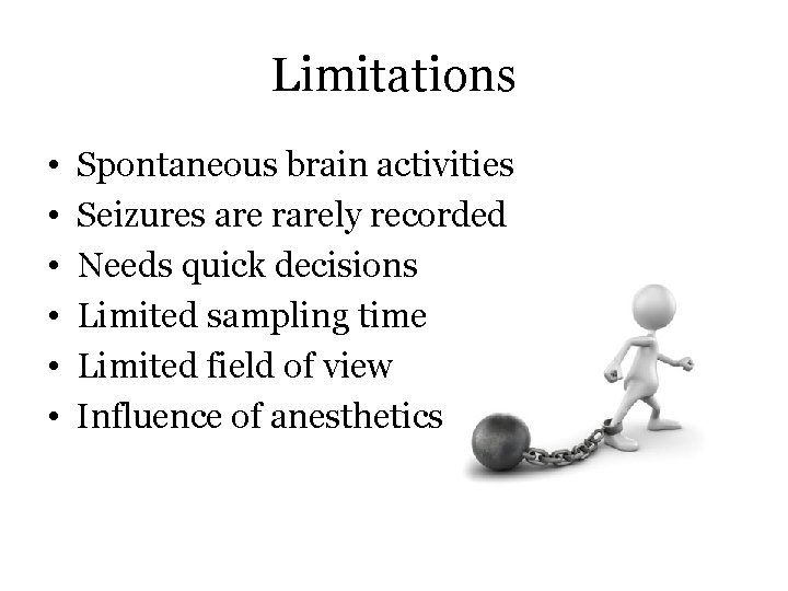 Limitations • • • Spontaneous brain activities Seizures are rarely recorded Needs quick decisions