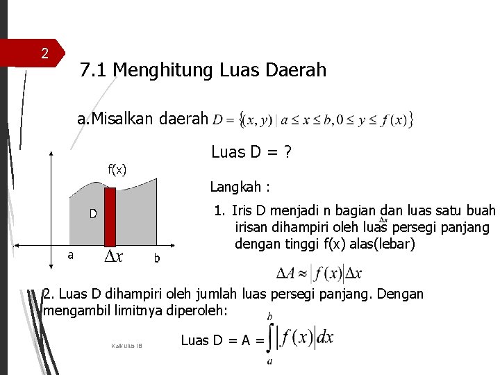 2 7. 1 Menghitung Luas Daerah a. Misalkan daerah Luas D = ? f(x)