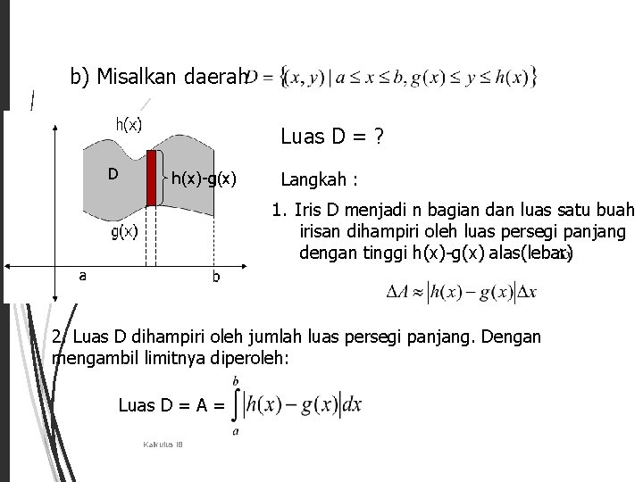 4 b) Misalkan daerah h(x) D Luas D = ? h(x)-g(x) Langkah : 1.