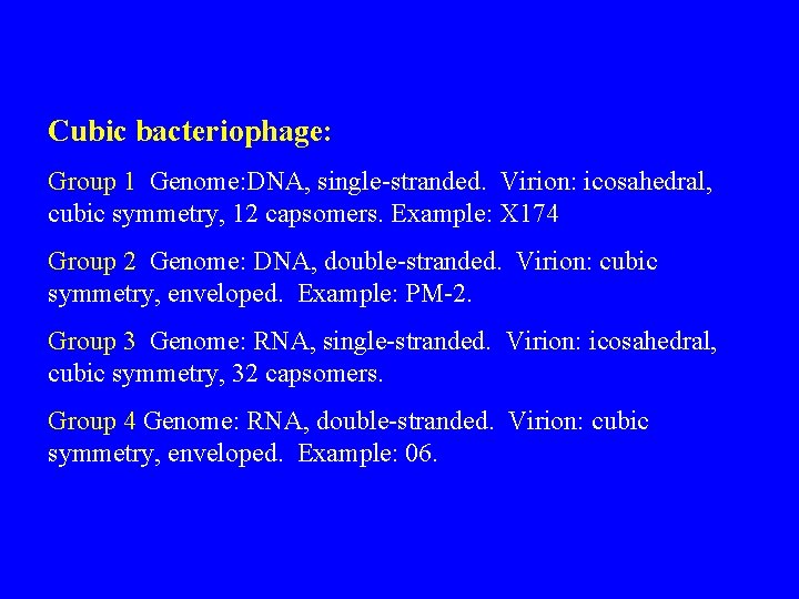 Cubic bacteriophage: Group 1 Genome: DNA, single-stranded. Virion: icosahedral, cubic symmetry, 12 capsomers. Example: