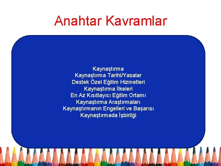 Anahtar Kavramlar Kaynaştırma Tarihi/Yasalar Destek Özel Eğitim Hizmetleri Kaynaştırma İlkeleri En Az Kısıtlayıcı Eğitim