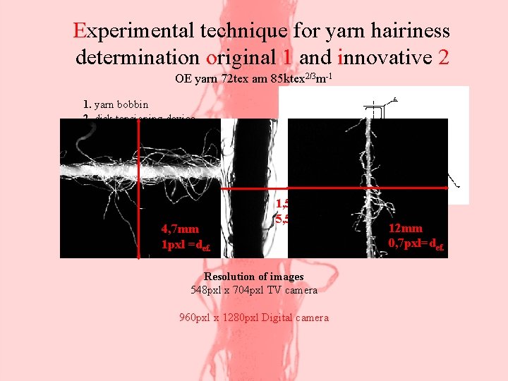 Experimental technique for yarn hairiness determination original 1 and innovative 2 OE yarn 72