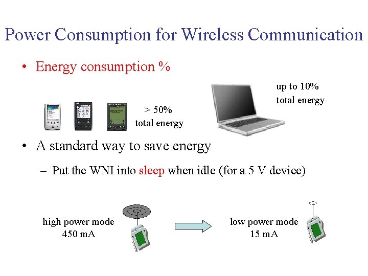 Power Consumption for Wireless Communication • Energy consumption % > 50% total energy up