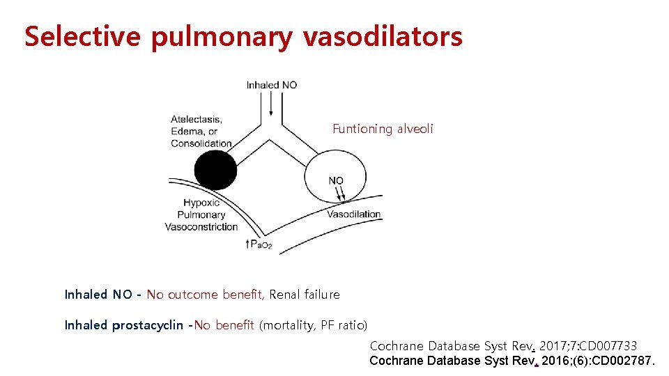 Selective pulmonary vasodilators Funtioning alveoli Inhaled NO - No outcome benefit, Renal failure Inhaled