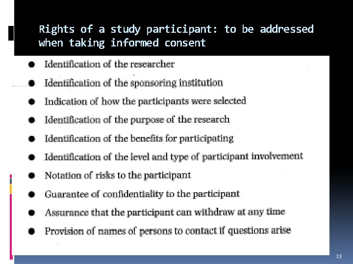 Rights of a study participant: to be addressed when taking informed consent 25 