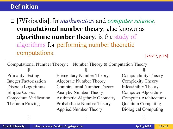Definition q [Wikipedia]: In mathematics and computer science, computational number theory, also known as