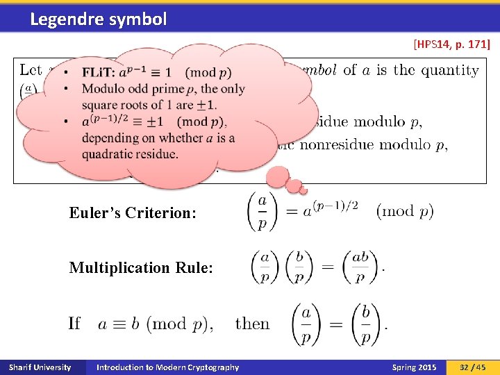 Legendre symbol [HPS 14, p. 171] Euler’s Criterion: Multiplication Rule: Sharif University Introduction to