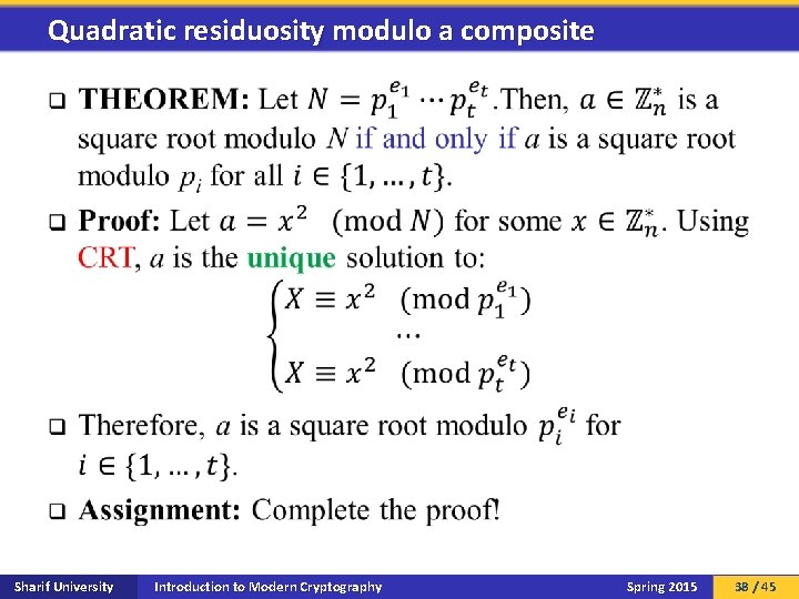 Quadratic residuosity modulo a composite q Sharif University Introduction to Modern Cryptography Spring 2015