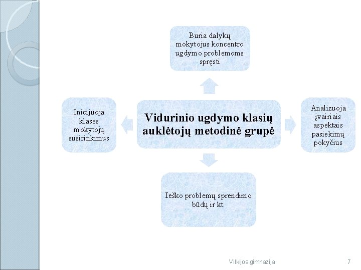 Buria dalykų mokytojus koncentro ugdymo problemoms spręsti Inicijuoja klasės mokytojų susirinkimus Vidurinio ugdymo klasių