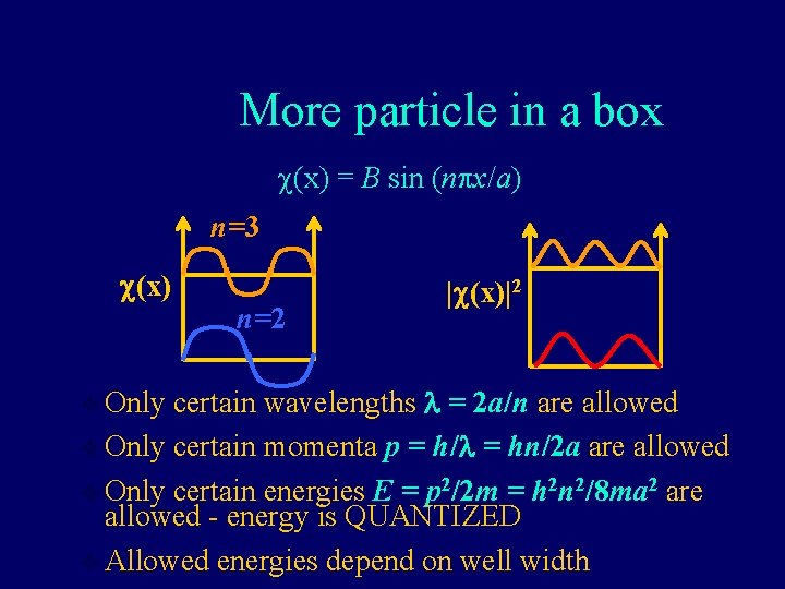 More particle in a box c(x) = B sin (npx/a) n=3 c(x) n=2 |c(x)|2