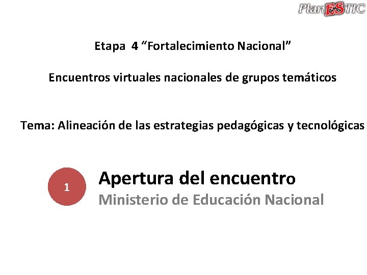 Etapa 4 “Fortalecimiento Nacional” Encuentros virtuales nacionales de grupos temáticos Tema: Alineación de las