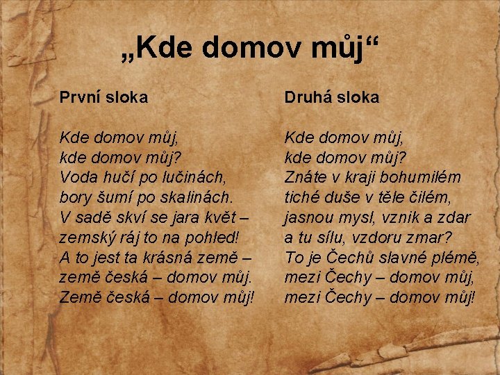 „Kde domov můj“ První sloka Druhá sloka Kde domov můj, kde domov můj? Voda